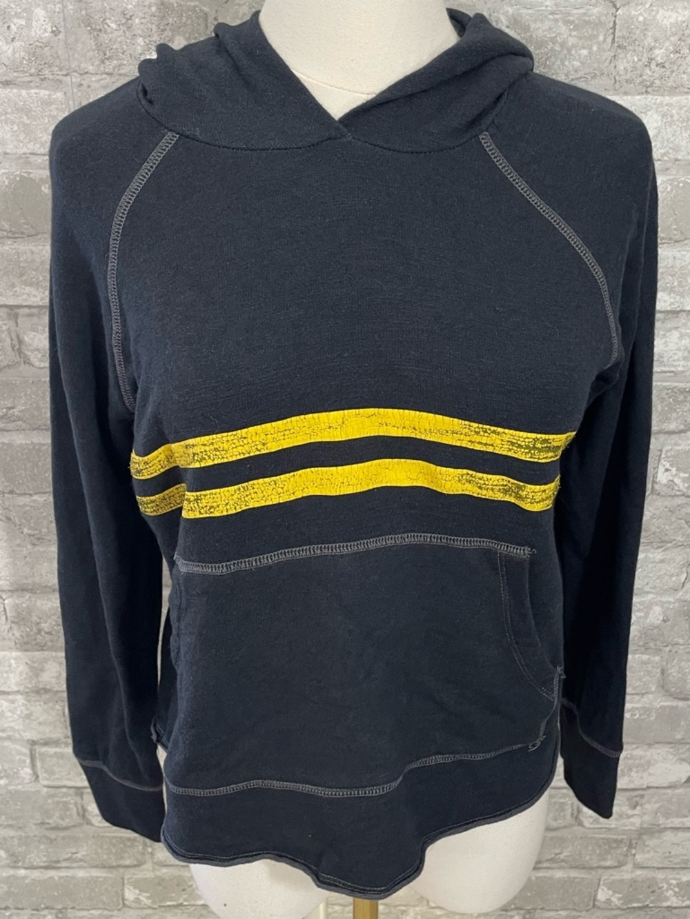 Sundry ink blue pullover hoodie with yellow stripes